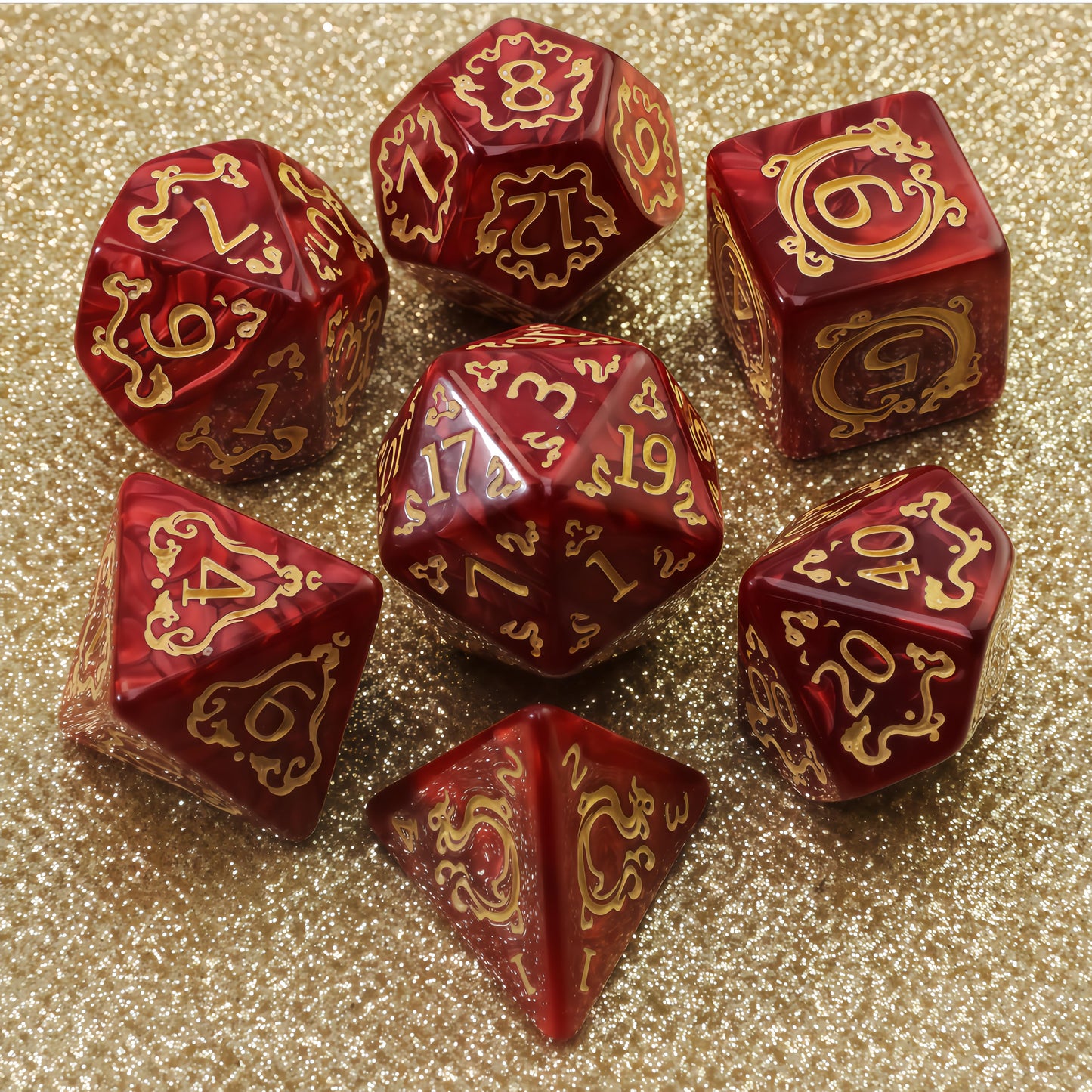 DNDGame Polyhedral Dice Set Dragon Pattern 7pcs of D4 D6 D8 D10 D10% D12 D20 for RPG Board Game Accessories