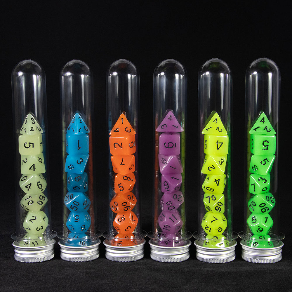 Game Dice Glow in The Dark Polyhedral Dice Set for DND Role Playing Game Table Game, 42pcs Luminous Dicewith 6pcs Tube, 1pc Tube Rack