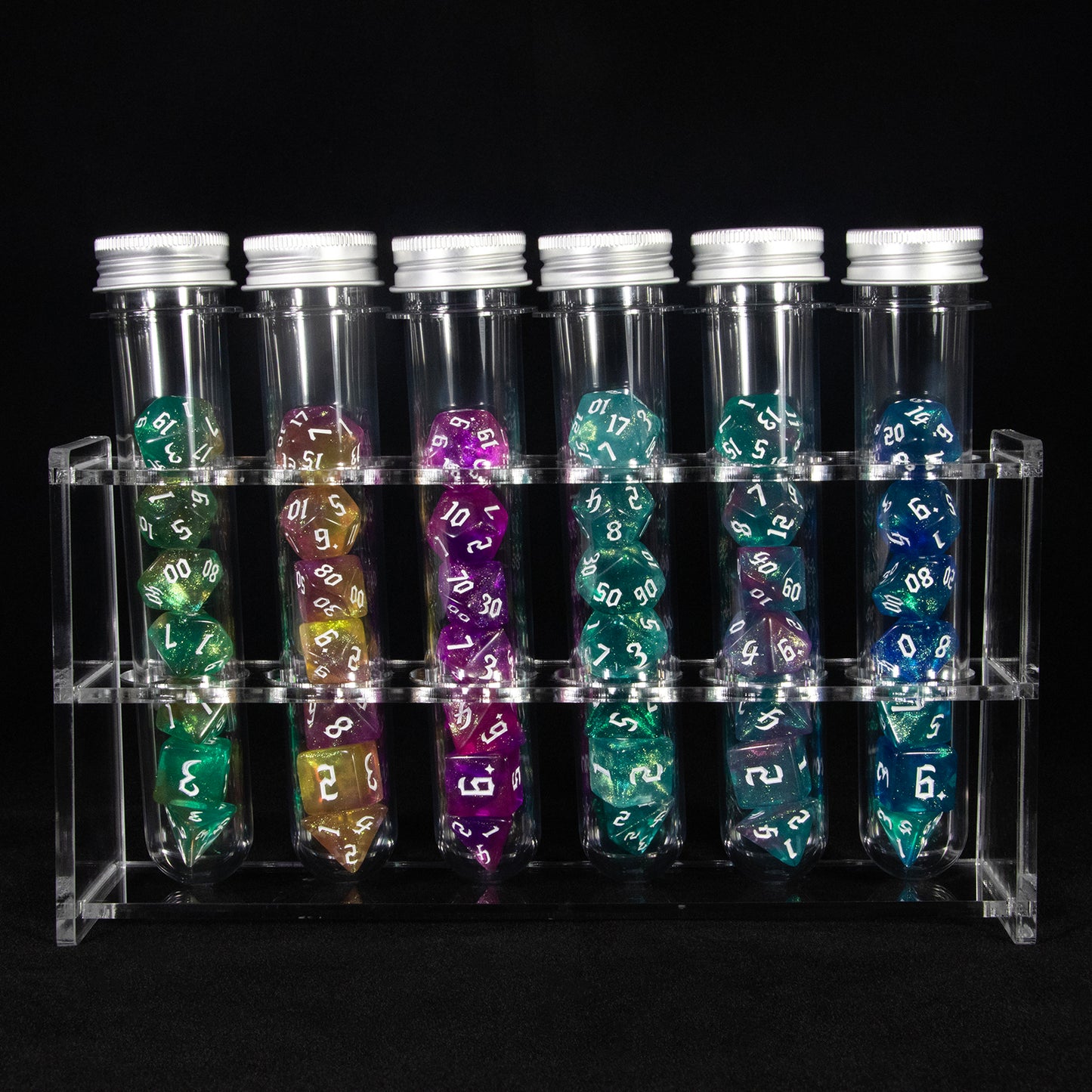 Glitter and Mixed Color Polyhedral Dice Set for DND RPG Table Game, 42pcs Dice with 6pcs Tube, 1pc Tube Rack, As Souvenir Gift