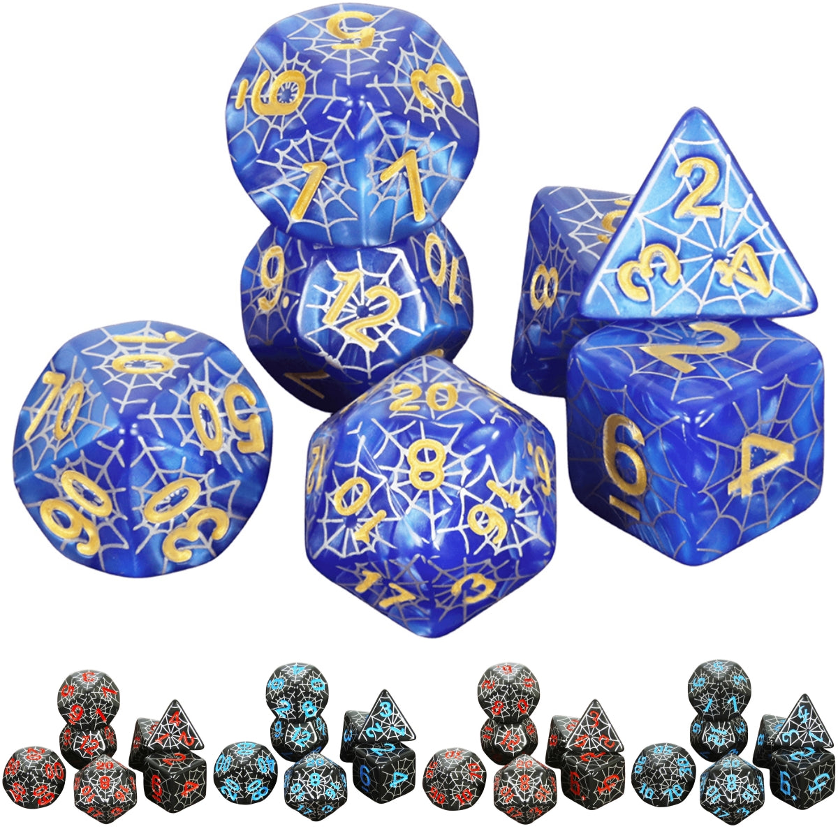 Board Game Dice - 7pcs Polyhrdral Dice D4-D20 Digital Dice with Silver Spider Web Pattern for DND TRPG Board Game Accessories, Perfect Gift DND Enthusiast