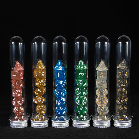 DND Polyhedral Dice Set 7pcs Transparent Dice with Glitter for D&D RPG Math Teaching Board Game Accessories,D4-D20 with Tube