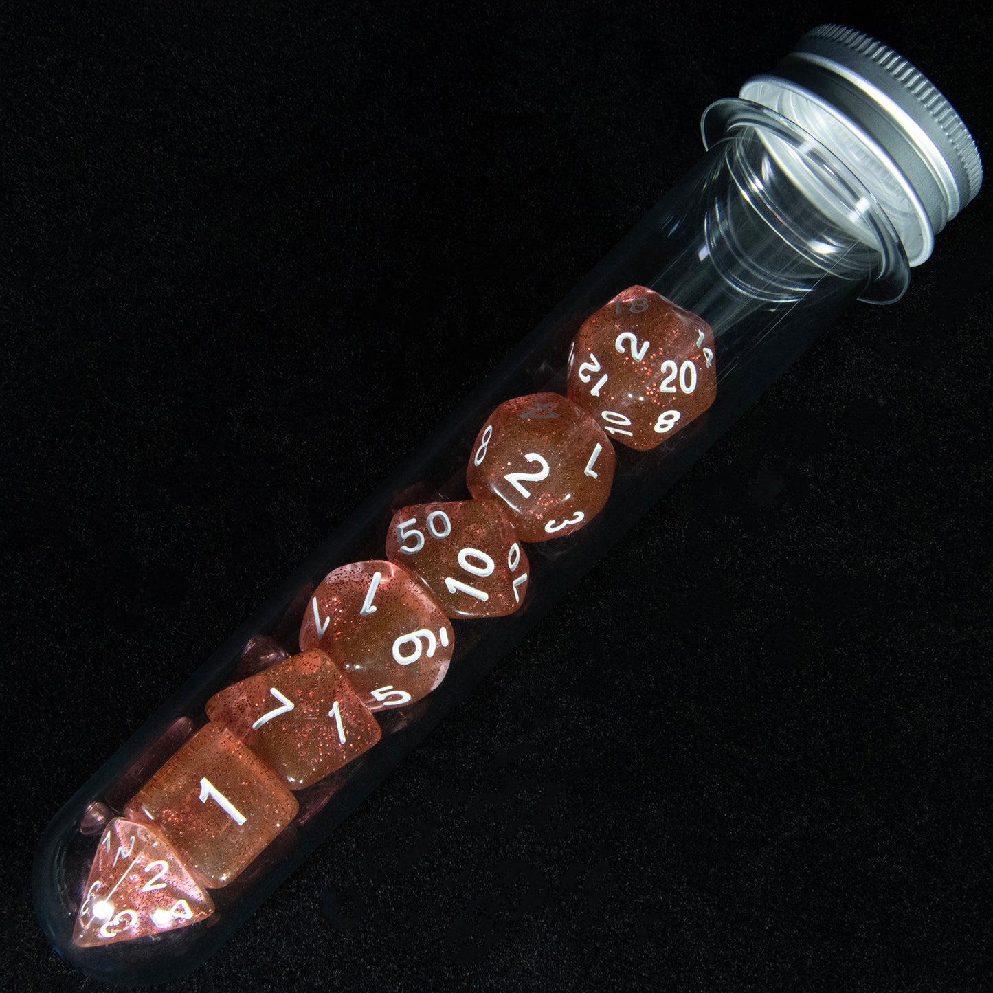 DND Polyhedral Dice Set 7pcs Transparent Dice with Glitter for D&D RPG Math Teaching Board Game Accessories,D4-D20 with Tube