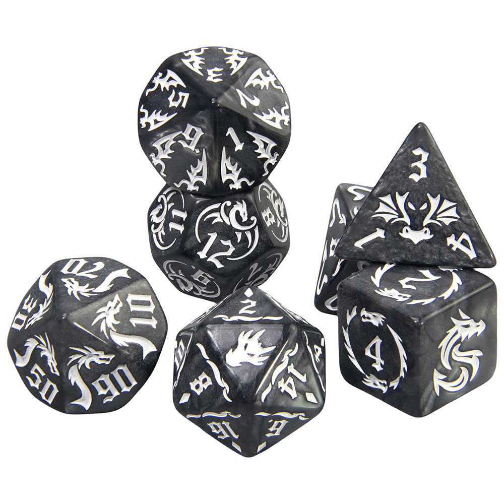 7pcs Marble Polyhedral Dice Set Gothic Font Numbers for Toy Cubes, DND and RPG, Table Game Party Entertaiment