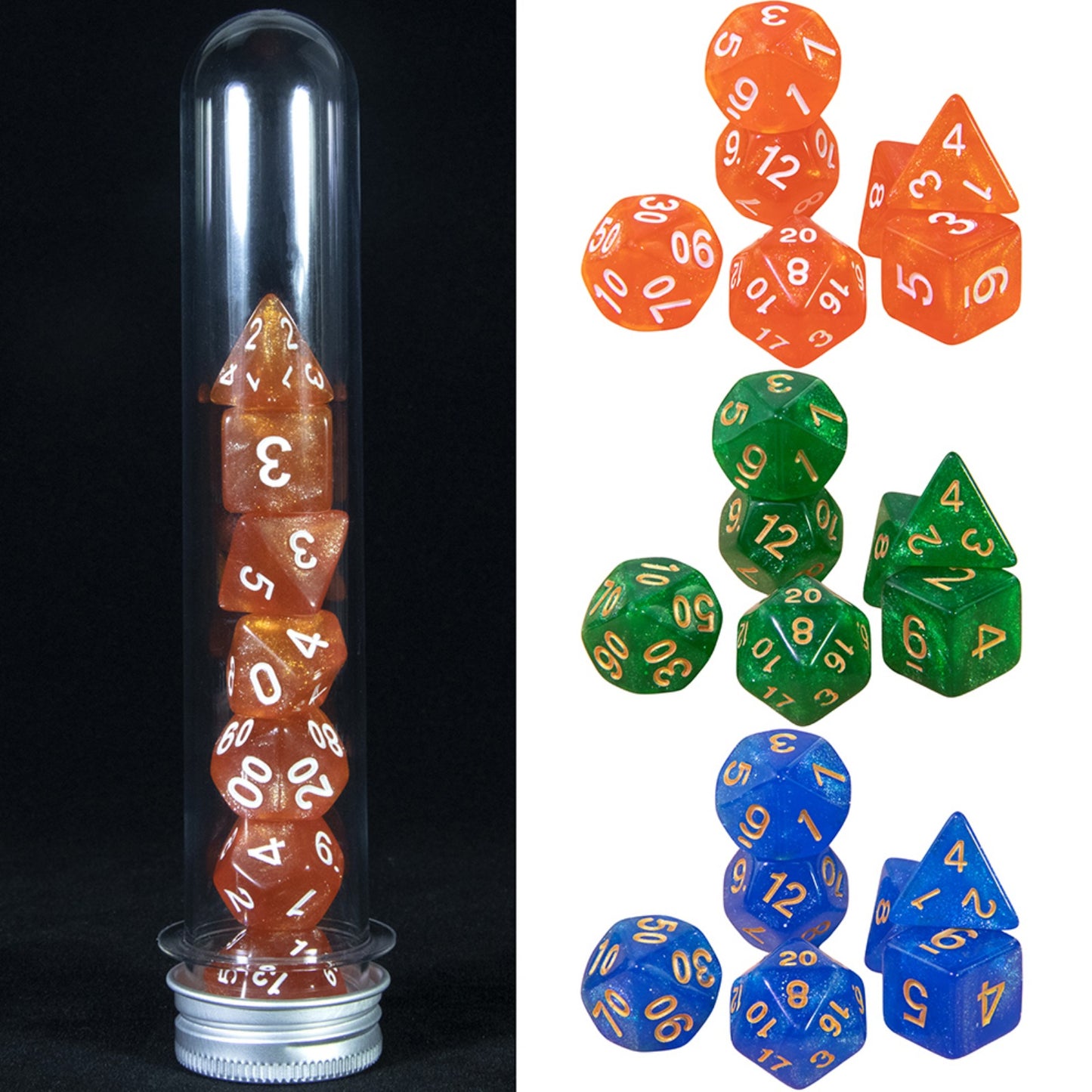 7pcs Glitter Polyhedral Dice Set D4 D6 D8 D% D10 D12 D20 Dice with Tube for D&D RPG Role Playing Game Table Game Accessories