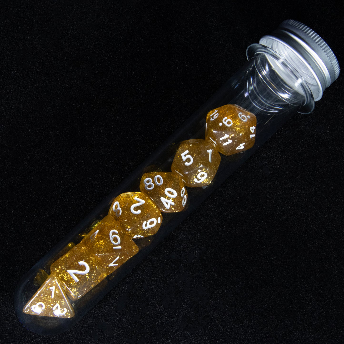 DND Polyhedral Dice Set 7pcs Transparent Dice with Glitter for D&D RPG Math Teaching Board Game Accessories,D4-D20 with Tube