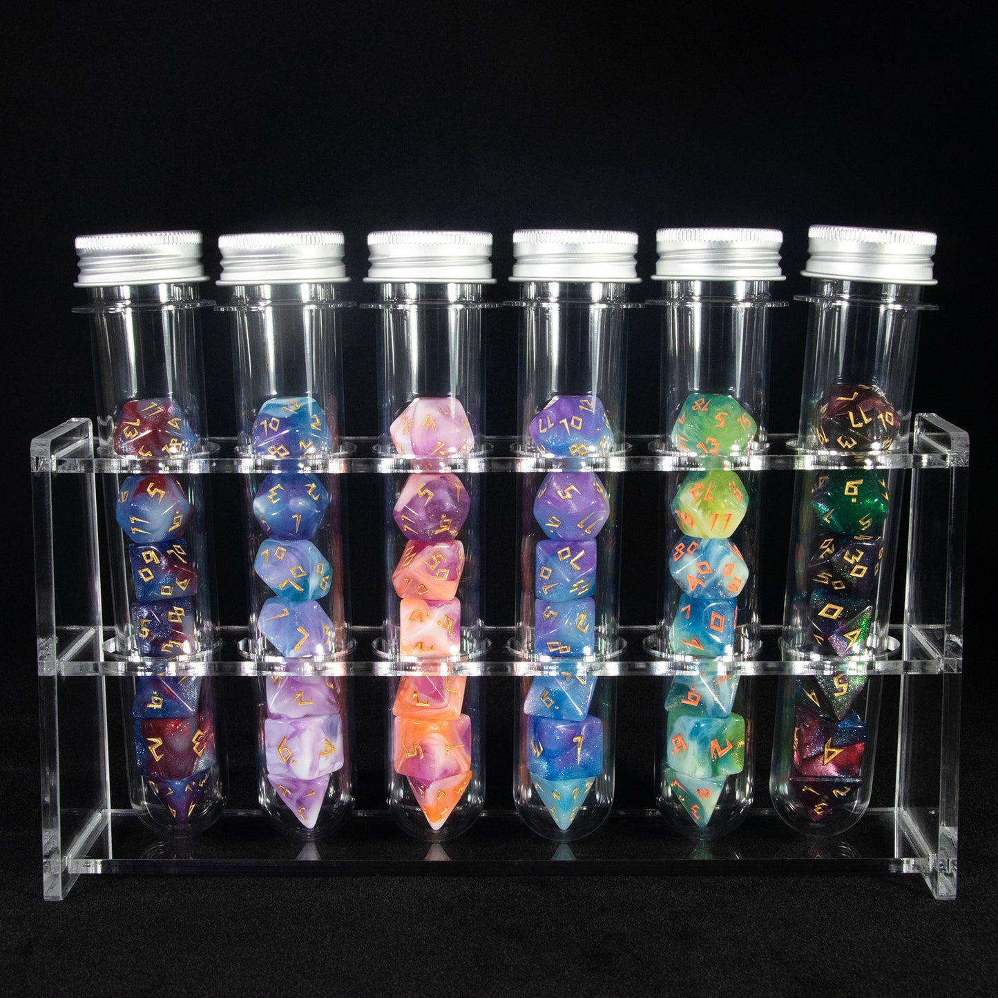 Glitter and Mixed Color Polyhedral Dice Set for DND RPG Table Game, 42pcs Dice with 6pcs Tube, 1pc Tube Rack, As Souvenir Gift
