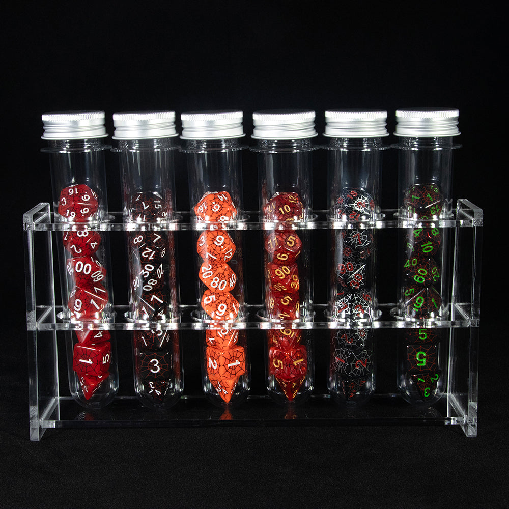 DND Dice Set Silkprinted Spider Web Design Polyhedral Game Dice for D&D RPG Magic Gathering Table Game, 42pcs Dice with 6pcs Tube, 1pc Tube Rack