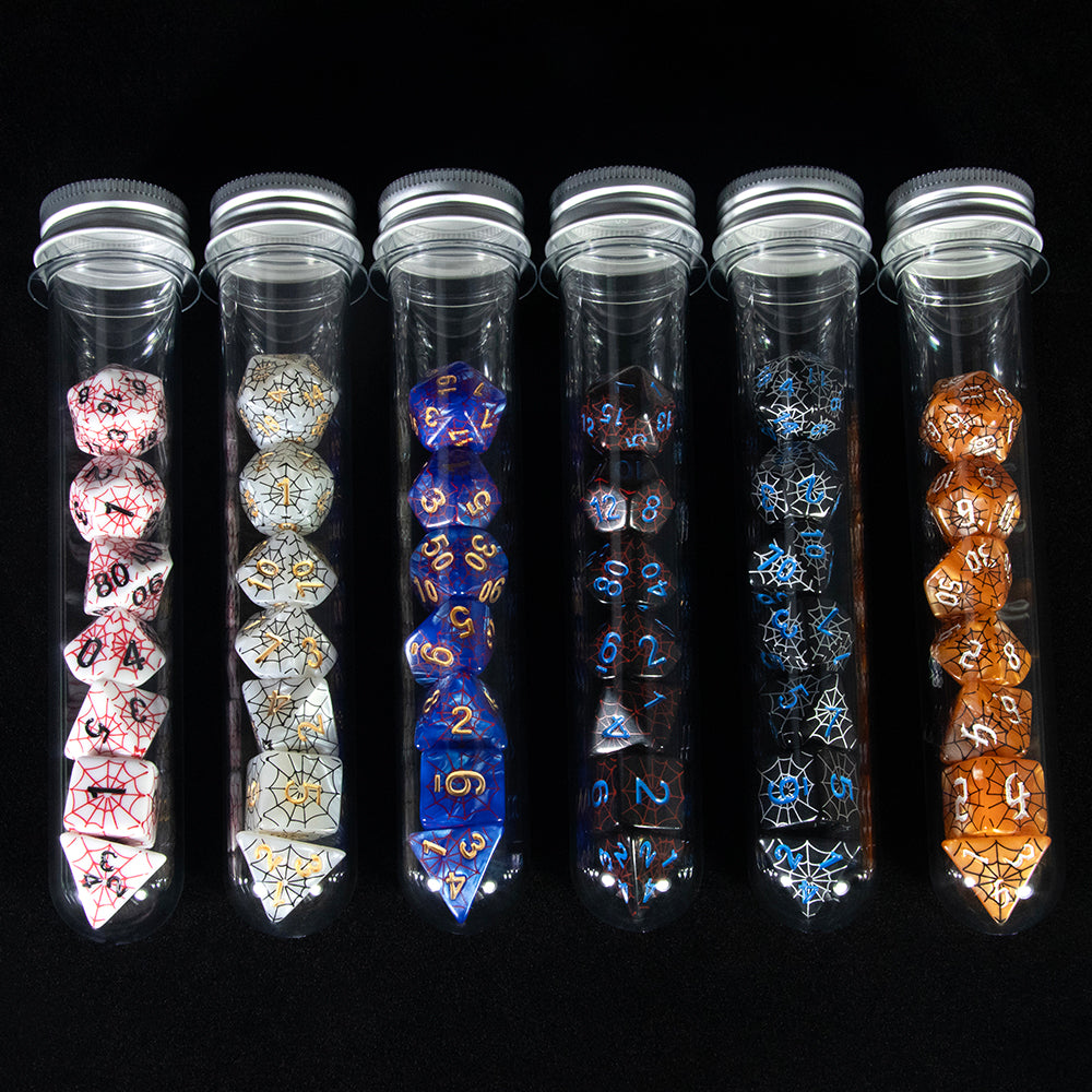 DND Dice Set Silkprinted Spider Web Design Polyhedral Game Dice for D&D RPG Magic Gathering Table Game, 42pcs Dice with 6pcs Tube, 1pc Tube Rack