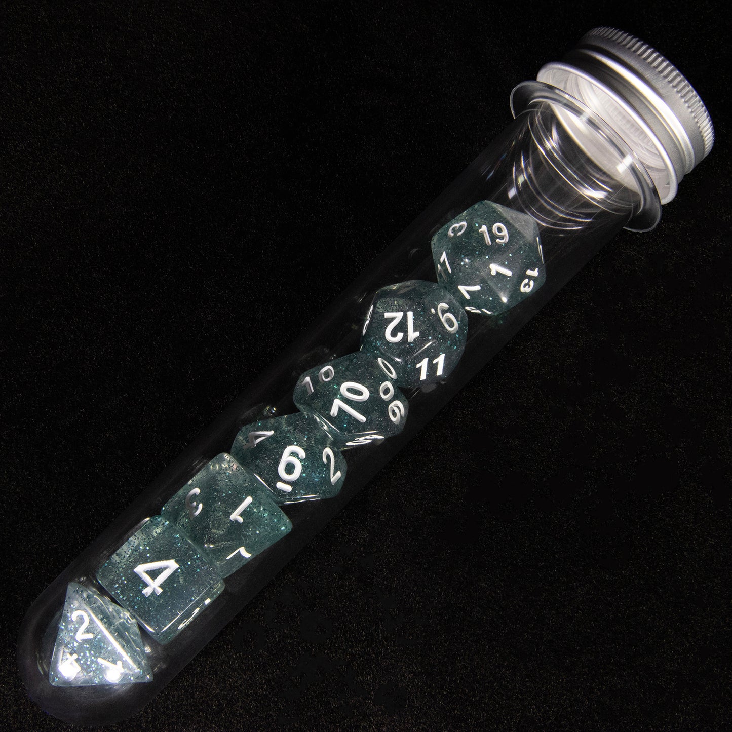 DND Polyhedral Dice Set 7pcs Transparent Dice with Glitter for D&D RPG Math Teaching Board Game Accessories,D4-D20 with Tube
