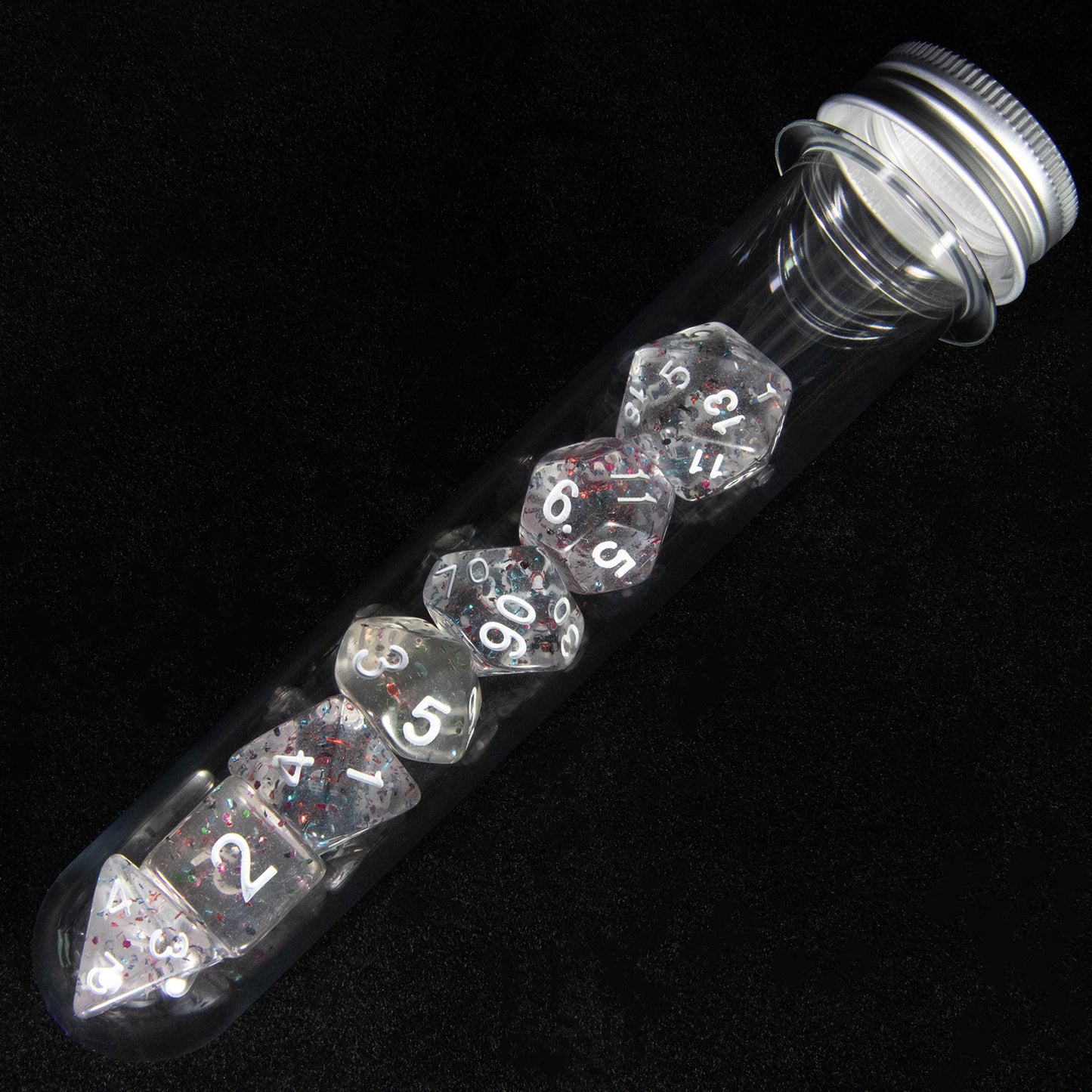 DND Polyhedral Dice Set 7pcs Transparent Dice with Glitter for D&D RPG Math Teaching Board Game Accessories,D4-D20 with Tube