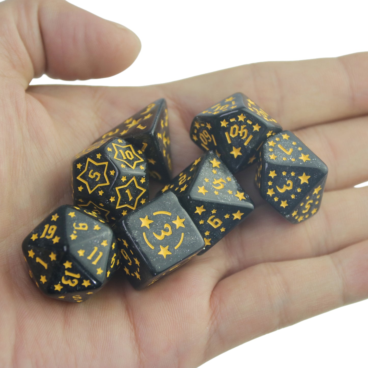 7-Piece Star Pattern Dice Set with Glitter Effect, Multi-Faced Dice, Essential for DND Players, Perfect for Tabletop Games