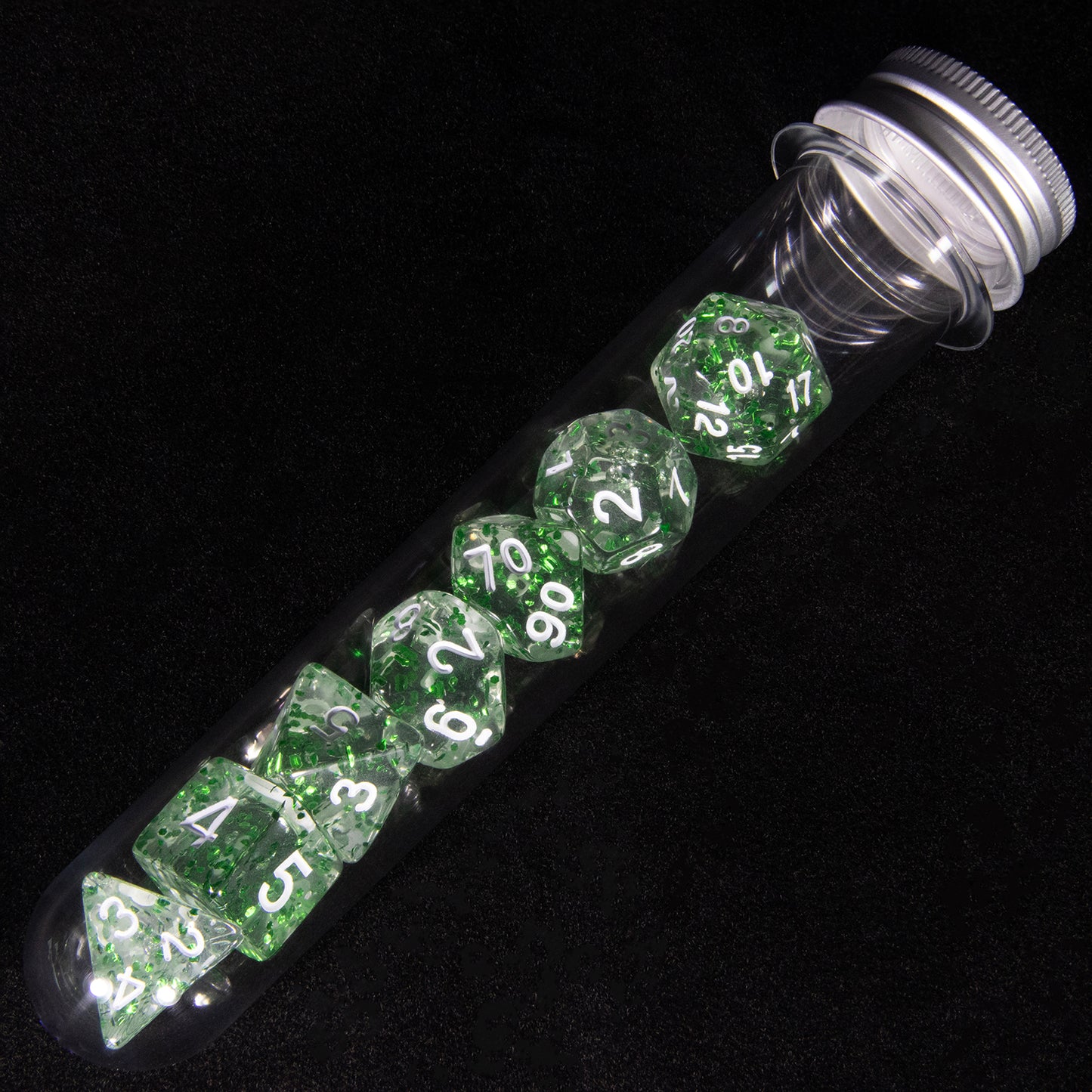 DND Polyhedral Dice Set 7pcs Transparent Dice with Glitter for D&D RPG Math Teaching Board Game Accessories,D4-D20 with Tube