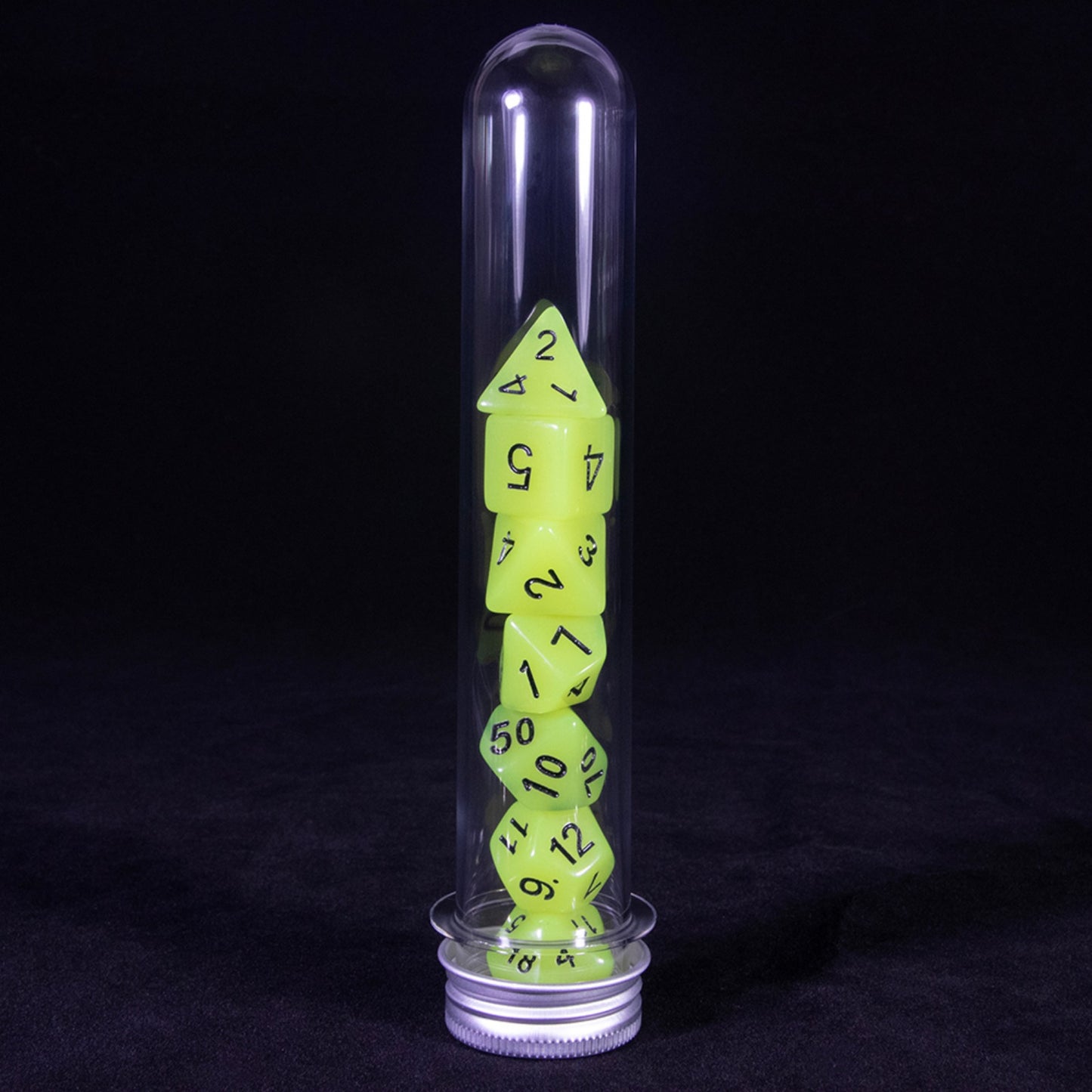 Glowing Dice Polyhedral Dice RPG DND Dice Set 7piece Luminous Dice with Tube for D&D Tabletop Role-Playing Games Party Supplies