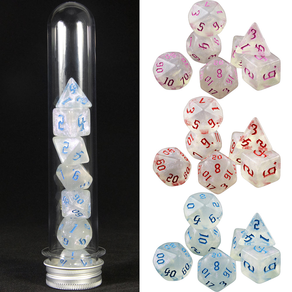 Glitter Effect Polyhedral Dice Set 7 Pieces Game Dice with Tube for Souvenirst Entertainment DND RPG Board Game