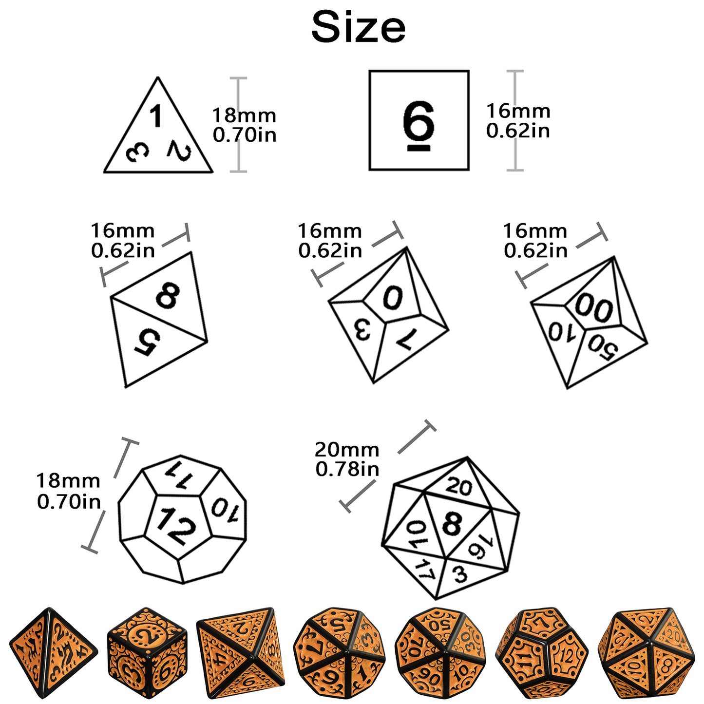 DND Dice Engraved with Textures Pattern Dice 7pcs Polyhedral Dice Set for DND RPG Table Game Accessories