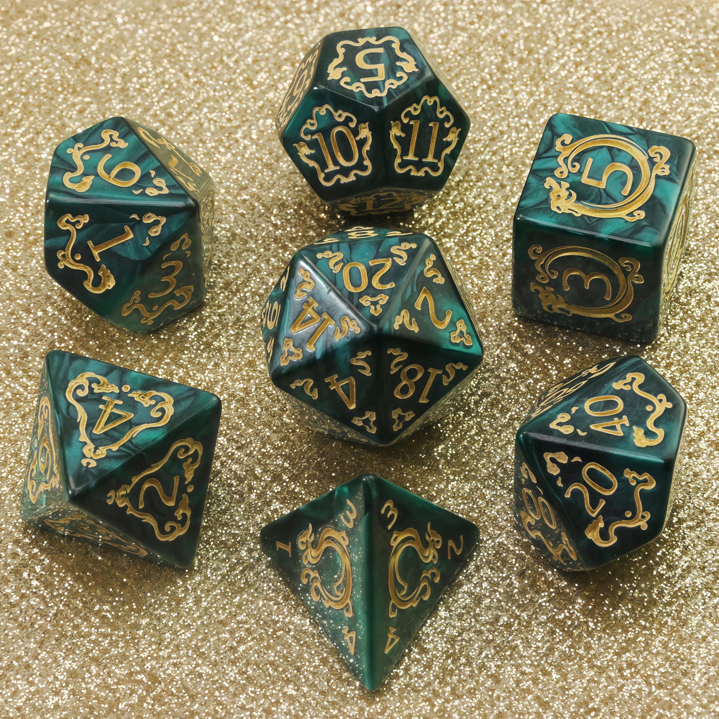 DNDGame Polyhedral Dice Set Dragon Pattern 7pcs of D4 D6 D8 D10 D10% D12 D20 for RPG Board Game Accessories