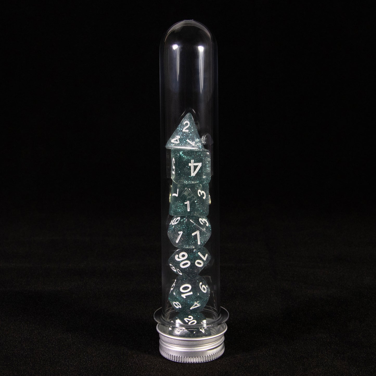 DND Polyhedral Dice Set 7pcs Transparent Dice with Glitter for D&D RPG Math Teaching Board Game Accessories,D4-D20 with Tube