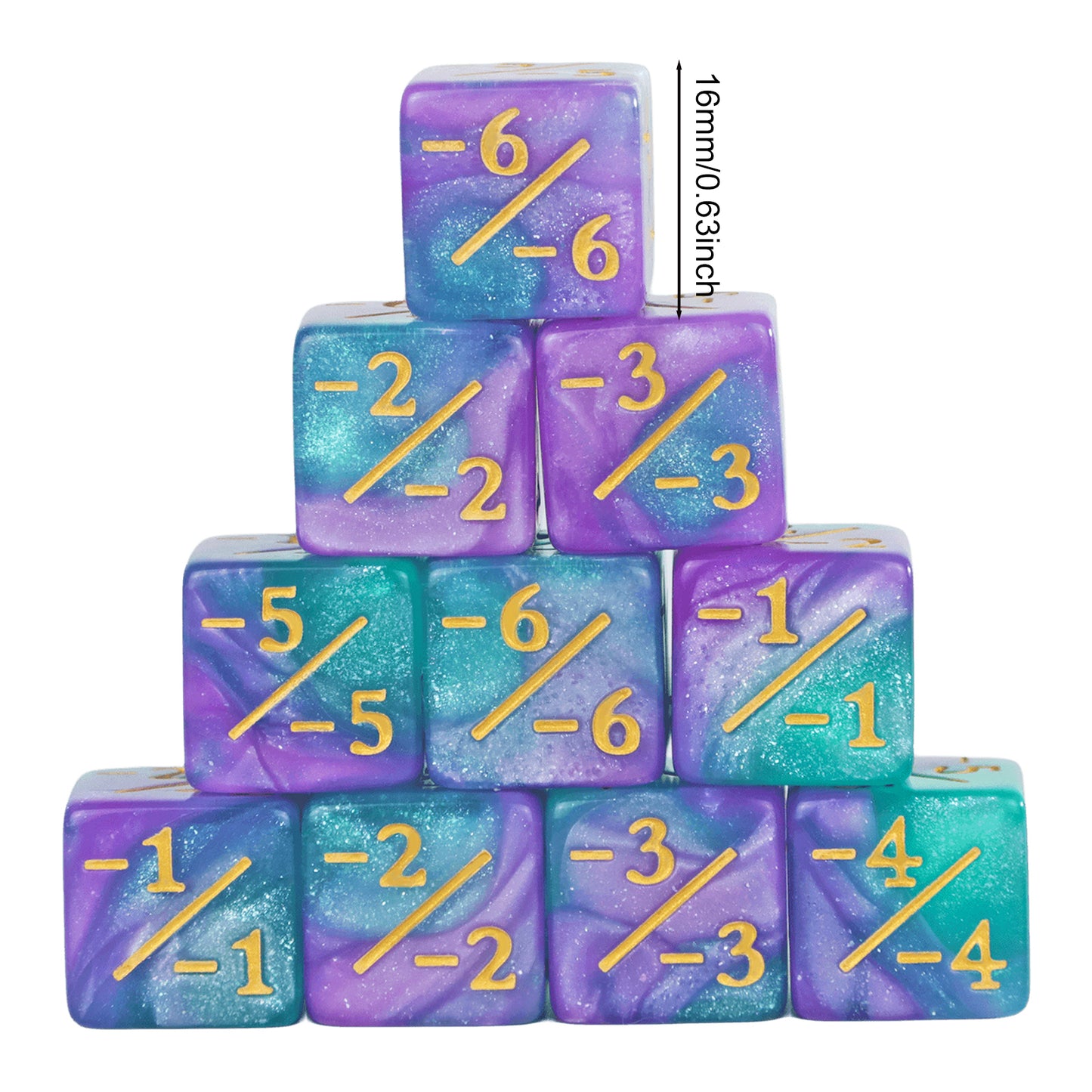 Six Sided Dice Set D6 Counters +1/+1 and -1/-1 Set of 10 Dice for Math Teaching, Card Game Accessories