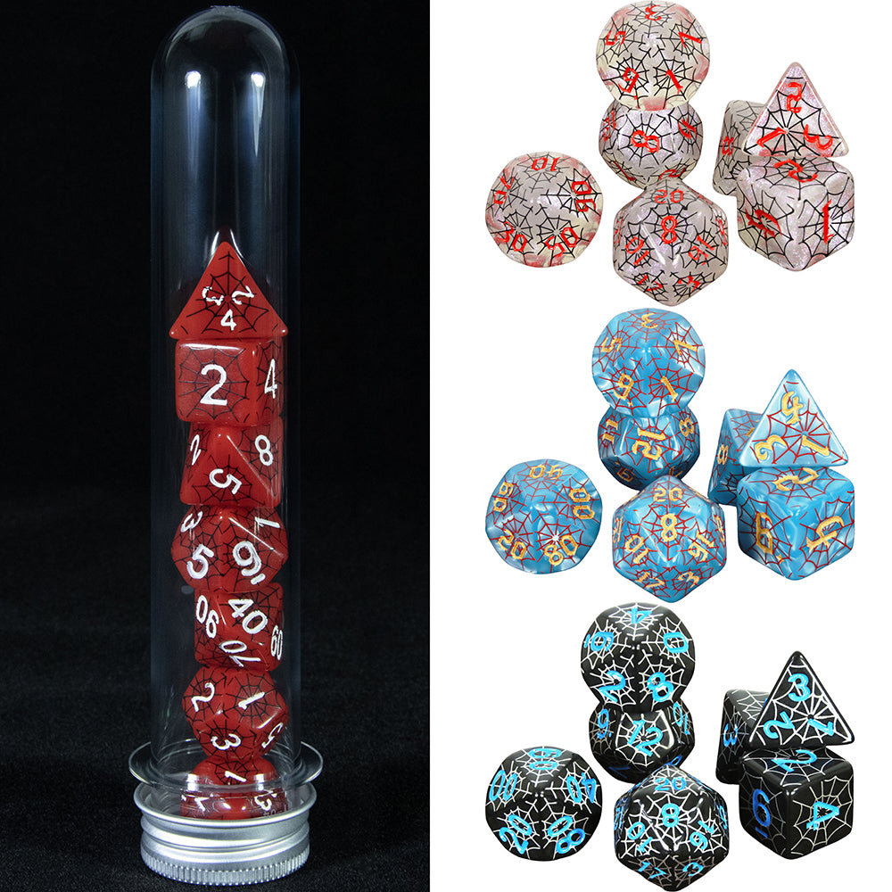 7pcs DND Polyhedral Dice Set Creative Spider Web Design Dice D4-D20 with Tube Playing Table Game for Bar Party Club