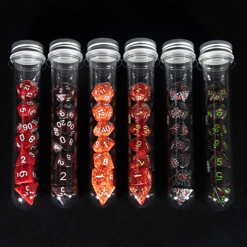 DND Dice Set Silkprinted Spider Web Design Polyhedral Game Dice for D&D RPG Magic Gathering Table Game, 42pcs Dice with 6pcs Tube, 1pc Tube Rack