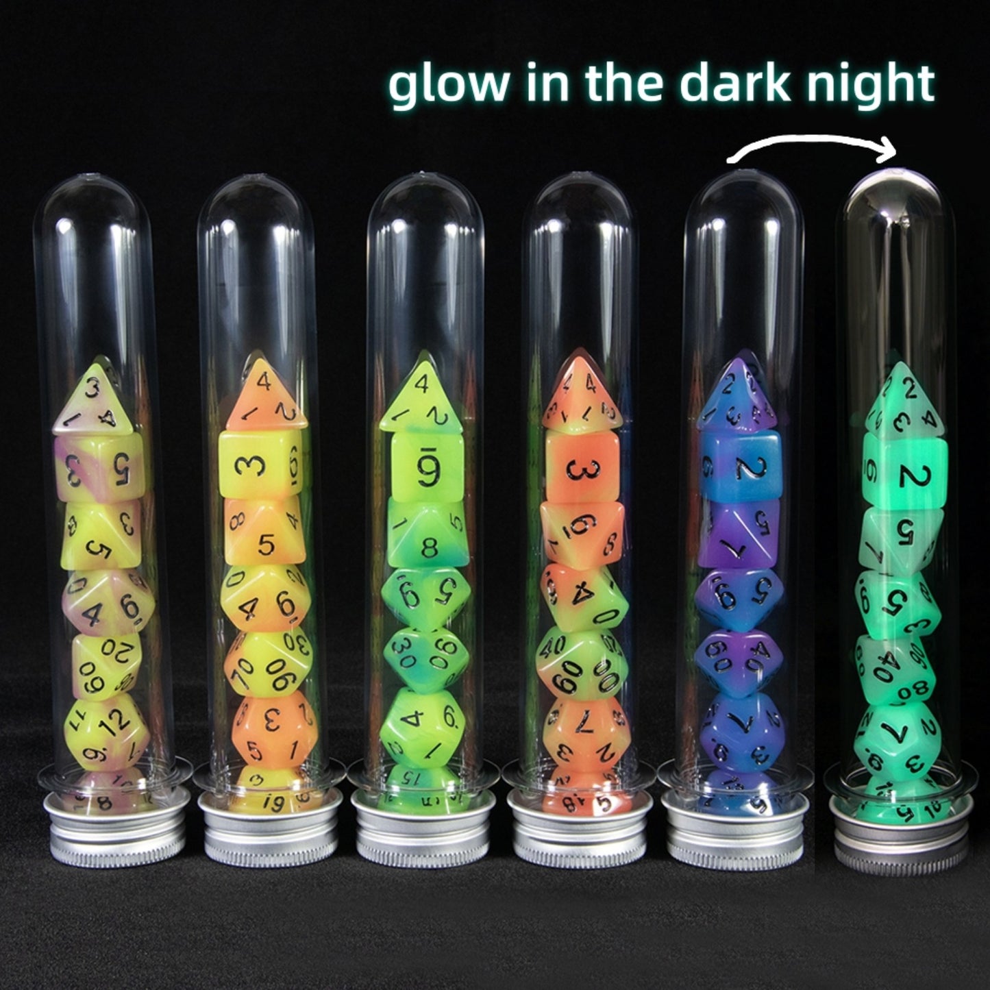 Double Color Glow in The Dark Dice 7Pcs Luminous Polyhedral Dice Set D4-D20 with Tube for D&D Tabletop Role-Playing Games