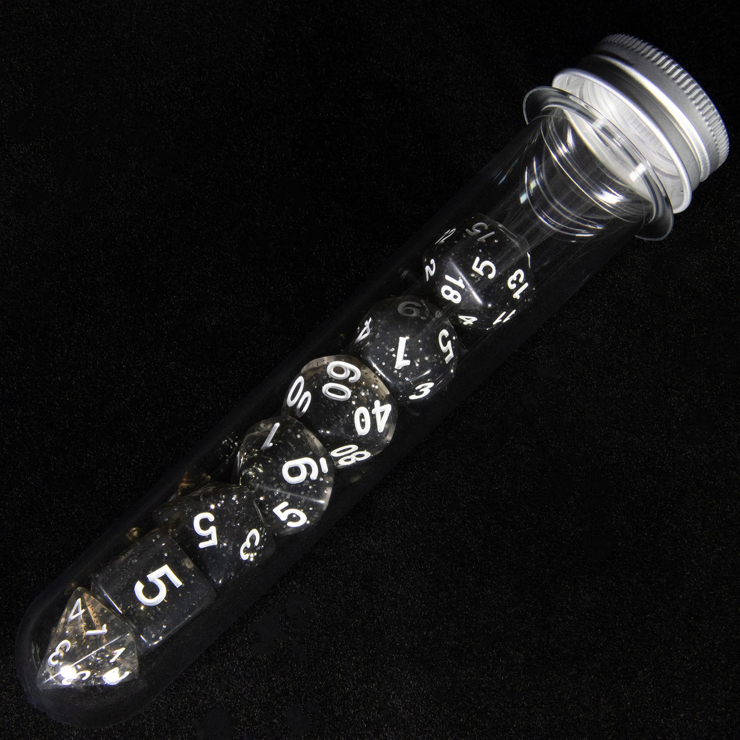 DND Polyhedral Dice Set 7pcs Transparent Dice with Glitter for D&D RPG Math Teaching Board Game Accessories,D4-D20 with Tube