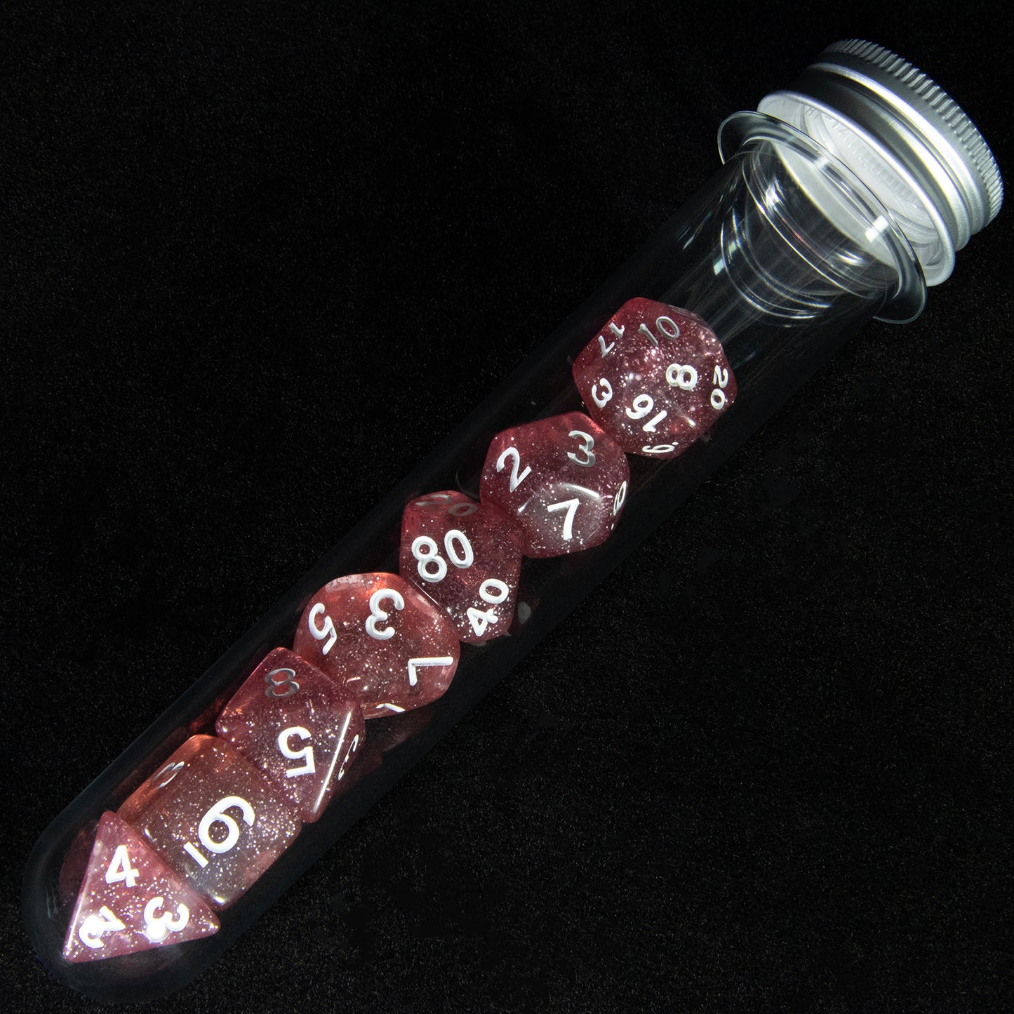 DND Polyhedral Dice Set 7pcs Transparent Dice with Glitter for D&D RPG Math Teaching Board Game Accessories,D4-D20 with Tube