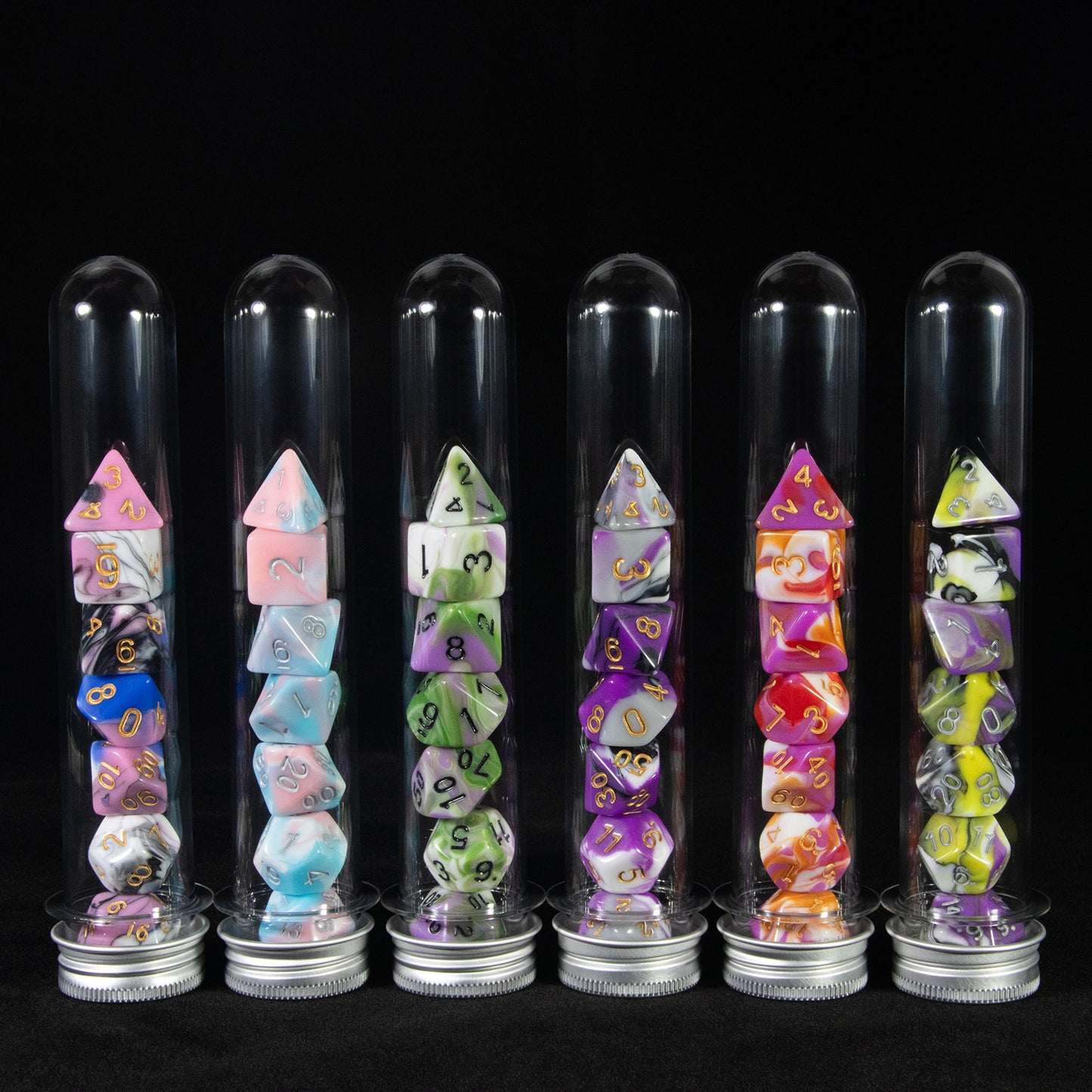 Mixing Colors Dice Set DND Polyhedral Dice for D&D Board Game and Role Playing Game Accessorie 7pcs dice - D4-D20,with Tube