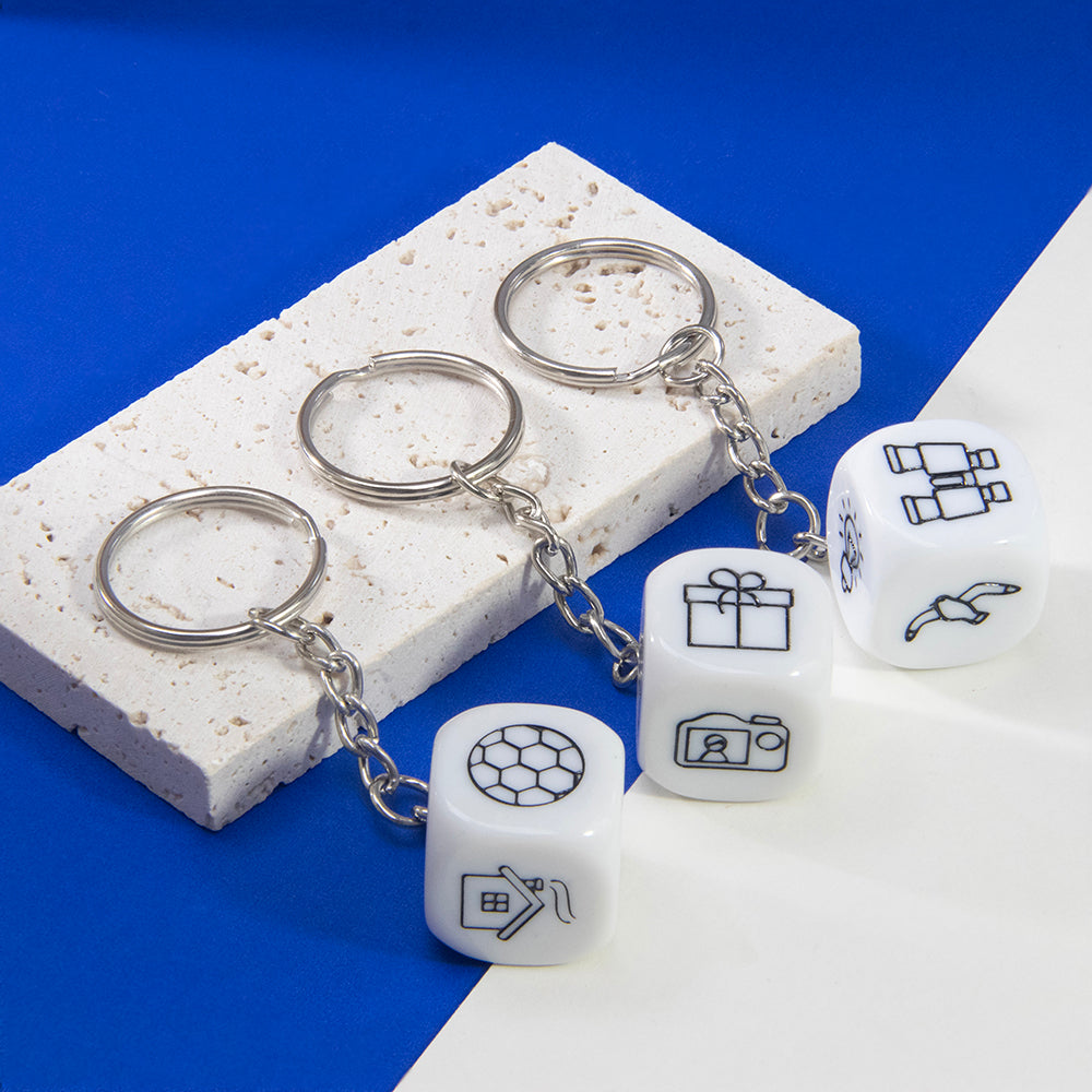 Engraved Pattern dice keychain Kid Creative Birthday Gift key holder for Handbag, Phone Fine Pendant
