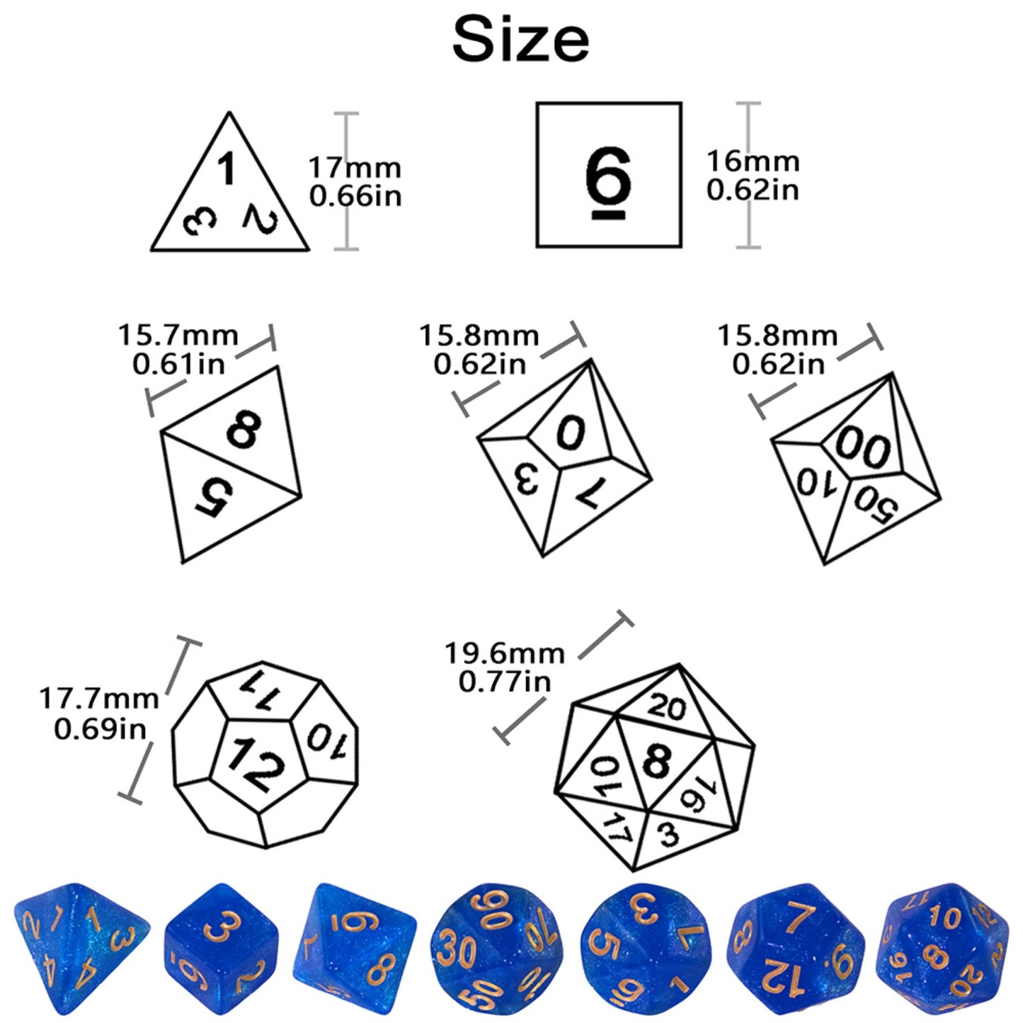 Polyhedral Dice with Glitter 7pcs DND Digital Dice Set for Tabletop Board Game DND RPG COC Game Accessories