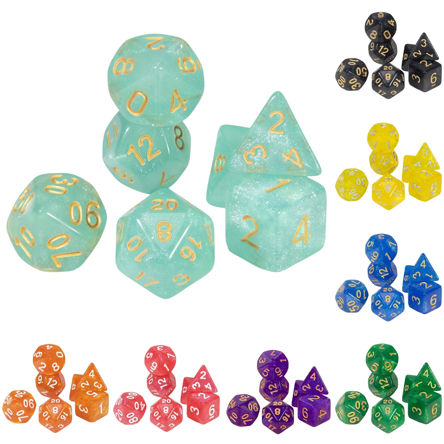 Polyhedral Dice with Glitter 7pcs DND Digital Dice Set for Tabletop Board Game DND RPG COC Game Accessories
