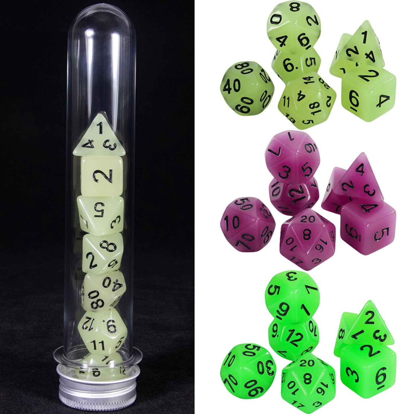 Glowing Dice Polyhedral Dice RPG DND Dice Set 7piece Luminous Dice with Tube for D&D Tabletop Role-Playing Games Party Supplies