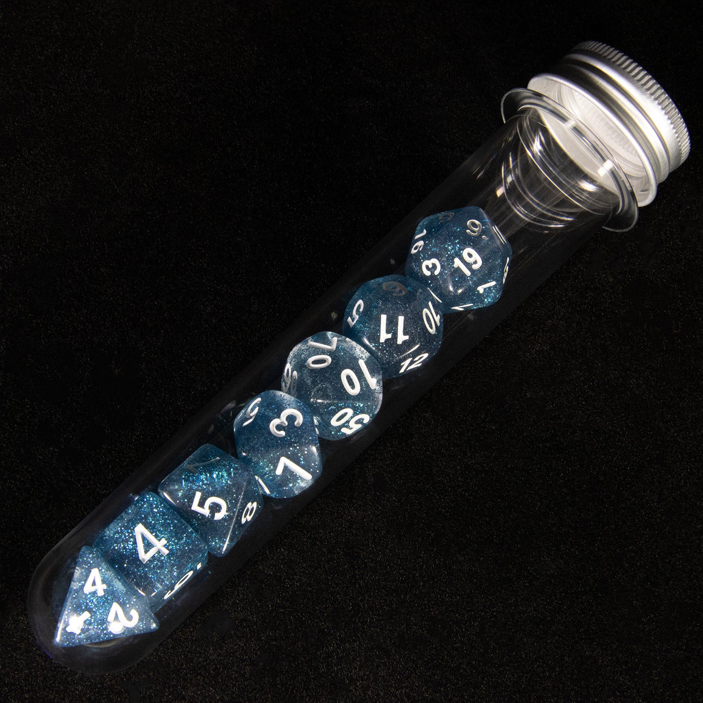 DND Polyhedral Dice Set 7pcs Transparent Dice with Glitter for D&D RPG Math Teaching Board Game Accessories,D4-D20 with Tube