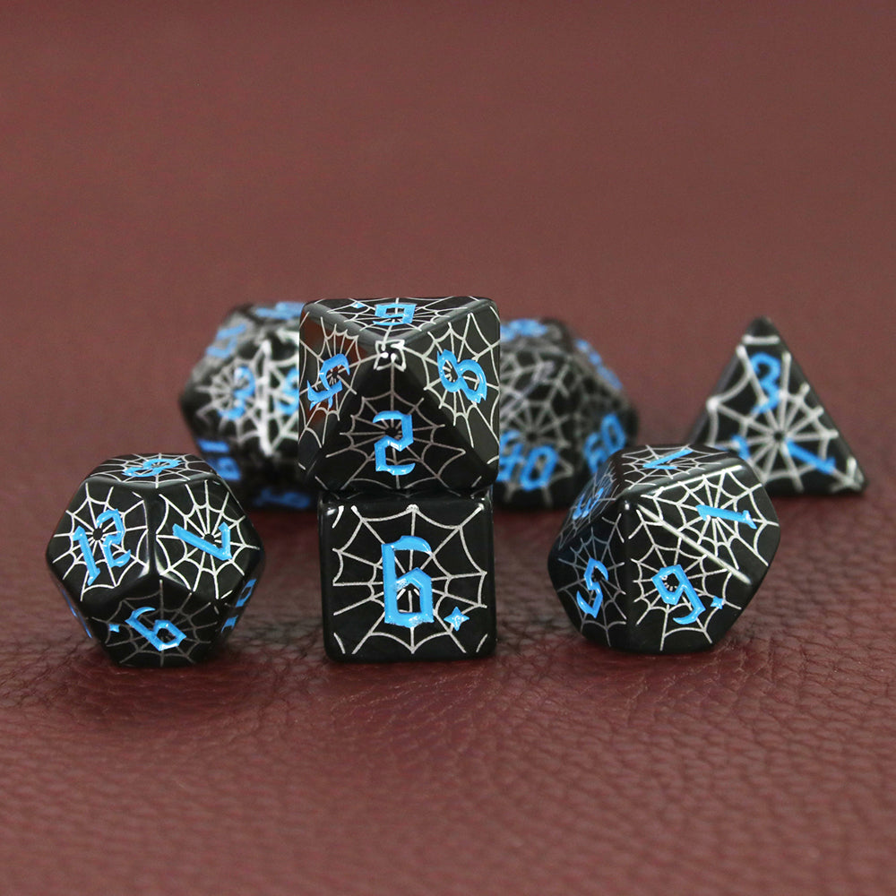 Board Game Dice - 7pcs Polyhrdral Dice D4-D20 Digital Dice with Silver Spider Web Pattern for DND TRPG Board Game Accessories, Perfect Gift DND Enthusiast