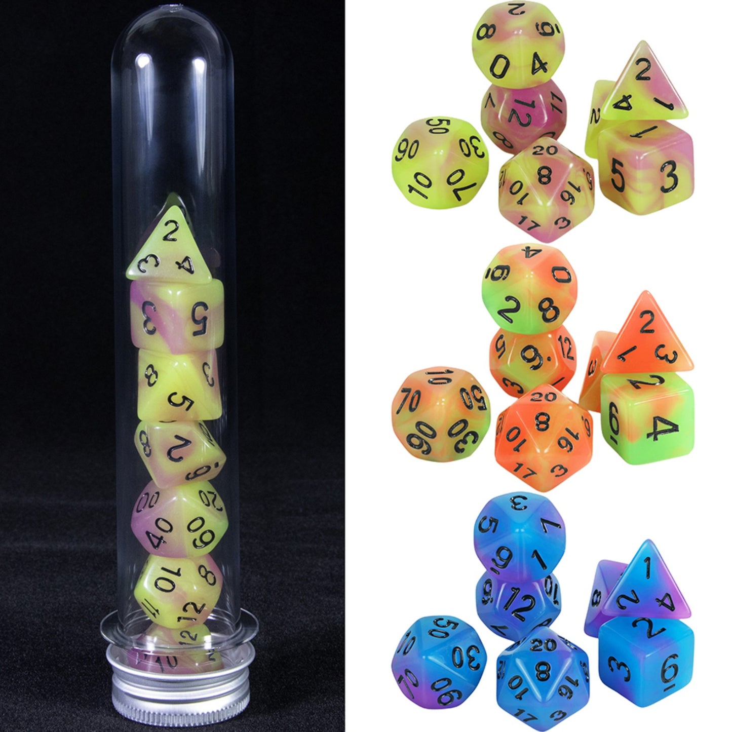 Double Color Glow in The Dark Dice 7Pcs Luminous Polyhedral Dice Set D4-D20 with Tube for D&D Tabletop Role-Playing Games