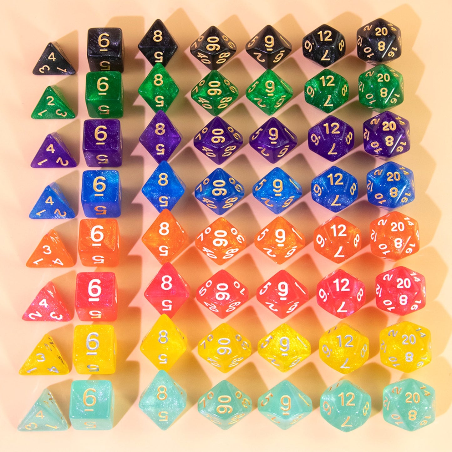 Polyhedral Dice with Glitter 7pcs DND Digital Dice Set for Tabletop Board Game DND RPG COC Game Accessories