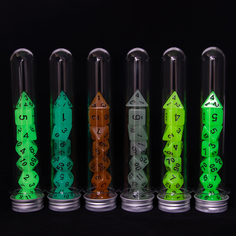 Game Dice Glow in The Dark Polyhedral Dice Set for DND Role Playing Game Table Game, 42pcs Luminous Dicewith 6pcs Tube, 1pc Tube Rack