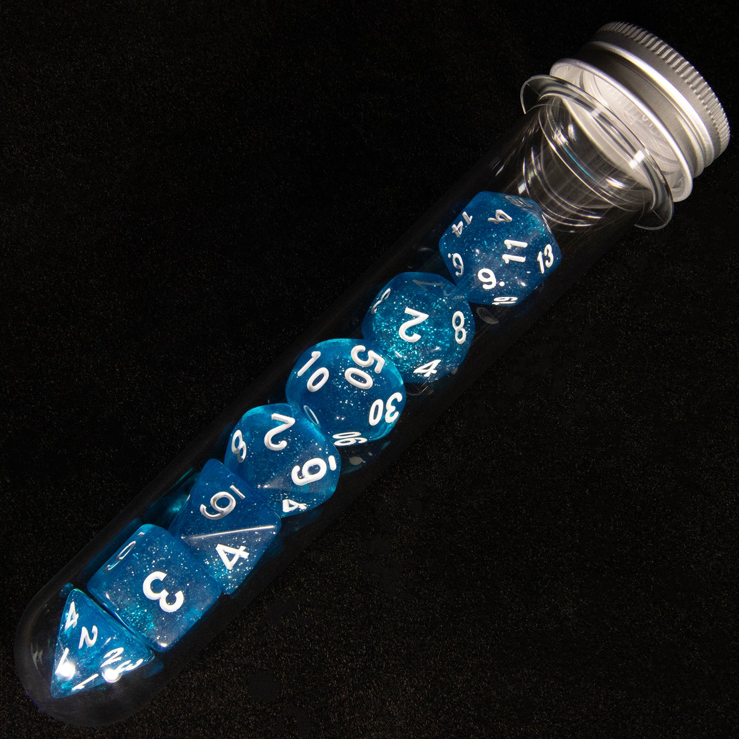 DND Polyhedral Dice Set 7pcs Transparent Dice with Glitter for D&D RPG Math Teaching Board Game Accessories,D4-D20 with Tube
