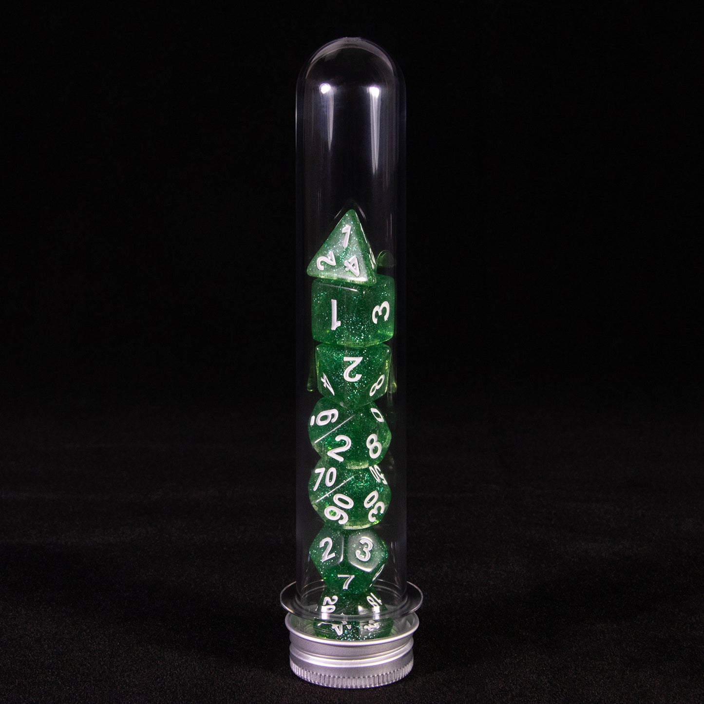 DND Polyhedral Dice Set 7pcs Transparent Dice with Glitter for D&D RPG Math Teaching Board Game Accessories,D4-D20 with Tube