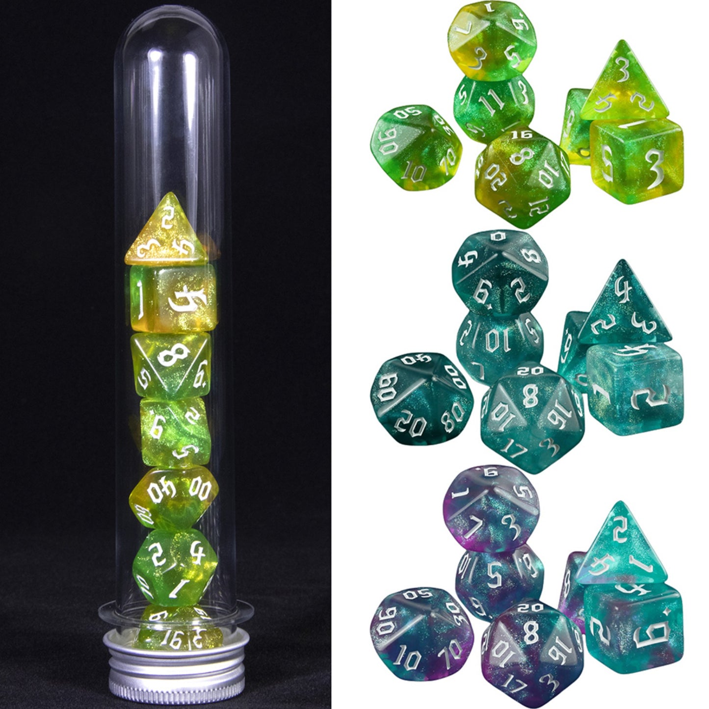 DND Polyhedral Dice Set 7-Pieces Glitter Game Dice with Tube for D&D RPG Role Playing Table Games Accessories