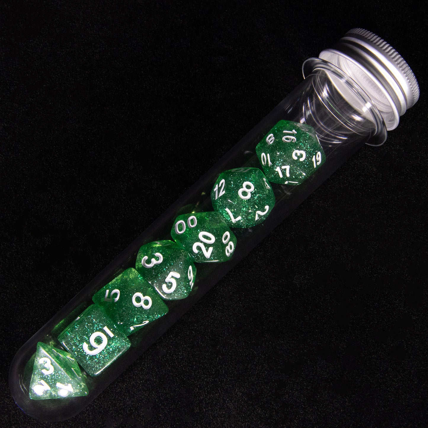 DND Polyhedral Dice Set 7pcs Transparent Dice with Glitter for D&D RPG Math Teaching Board Game Accessories,D4-D20 with Tube