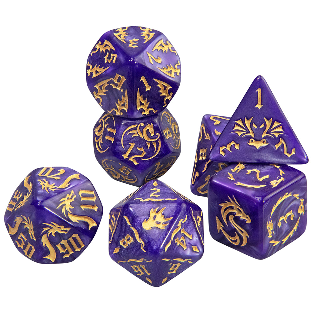 7pcs Marble Polyhedral Dice Set Gothic Font Numbers for Toy Cubes, DND and RPG, Table Game Party Entertaiment