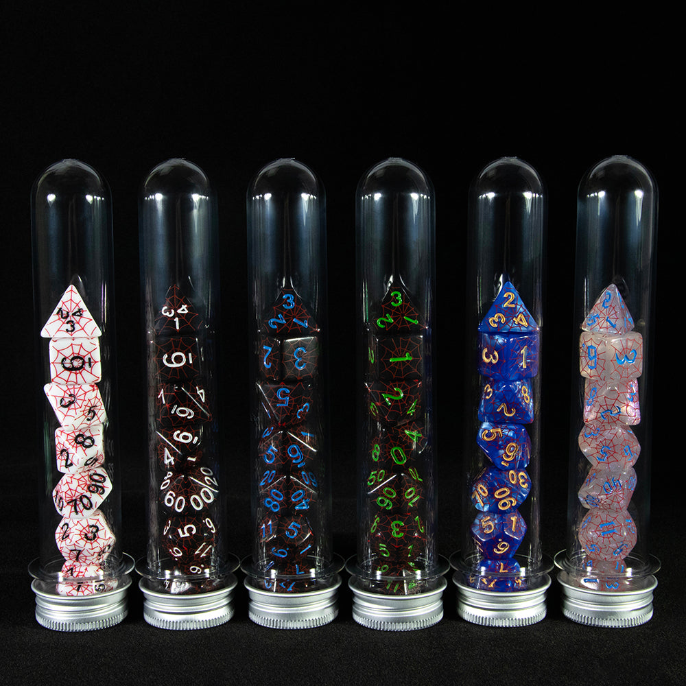 7pcs DND Polyhedral Dice Set Creative Spider Web Design Dice D4-D20 with Tube Playing Table Game for Bar Party Club