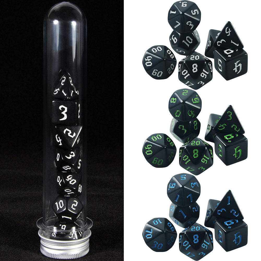 Opaque Dice Set 7pcs Game Black Dice Polyhedral Dice Set for Entertainment Toys & Games Accessories 7pcs - D4 D6 D8 D10 D00 D12 D20 with Tube