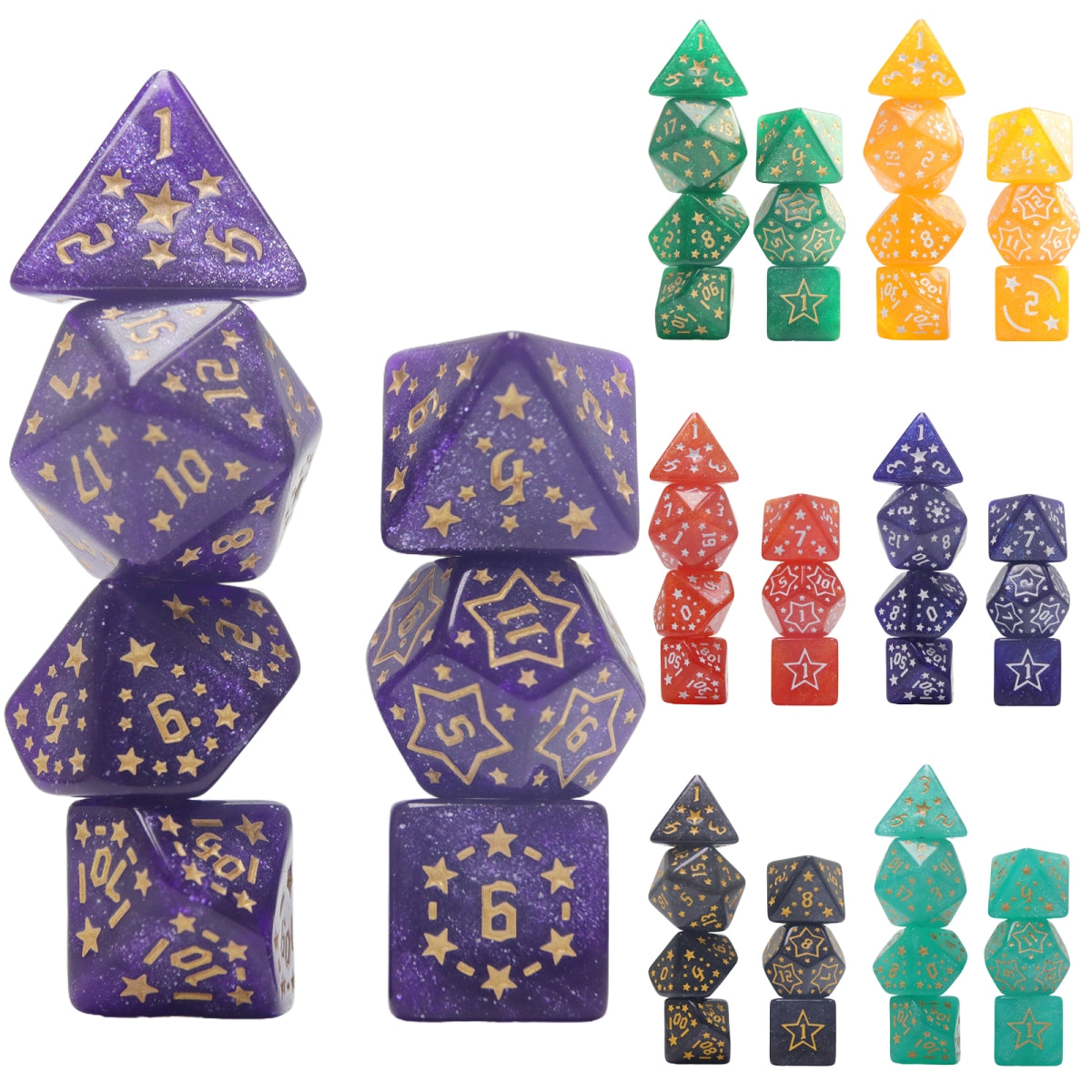 7-Piece Star Pattern Dice Set with Glitter Effect, Multi-Faced Dice, Essential for DND Players, Perfect for Tabletop Games