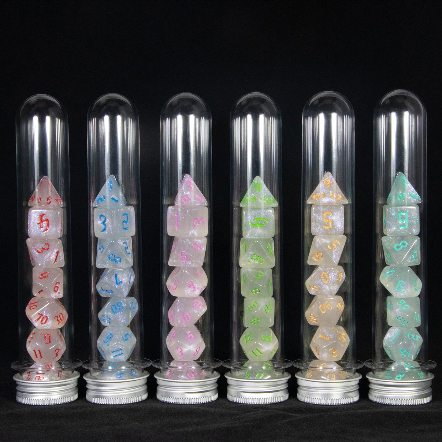 Glitter Effect Polyhedral Dice Set 7 Pieces Game Dice with Tube for Souvenirst Entertainment DND RPG Board Game